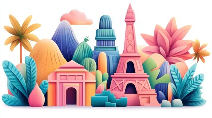 Fototapeta premium Colorful Abstract Landscape with Famous Landmarks and Nature Elements