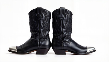 Black cowboy boots with silver toes on white background