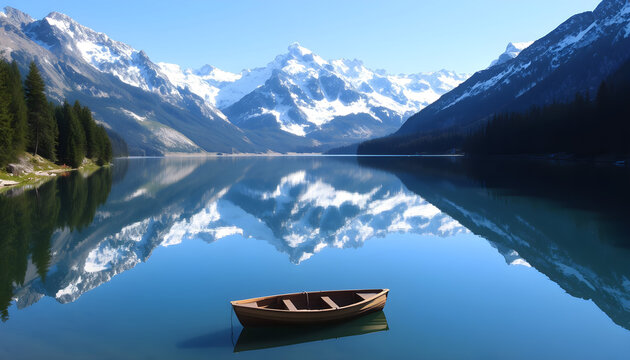  A Sturdy Wooden Ship Navigates the Calm Waters, Approaching the Towering, Snow-Capped Mountain in the Distance