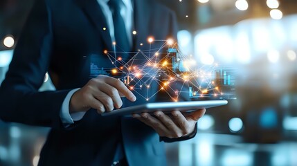 Business professional in navy suit analyzing digital financial data and stock market trends on tablet with glowing network connections and graphs.