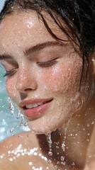 Refreshing water splash on beautiful woman's face outdoor pool setting portrait natural light serenity