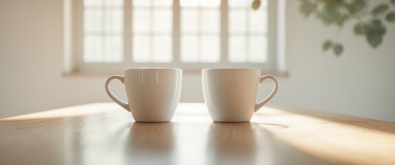 Two Coffee Cups Sitting On A Table In A Bright Room
