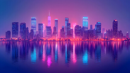 Fototapeta premium Night cityscape reflection, vibrant neon lights, waterfront, urban skyline, promotional use