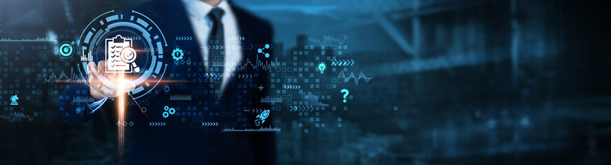 Assessment: Evaluation, performance review, data analysis, risk management, decision-making, strategic planning, process optimization, Businessman analyzes critical technological data.