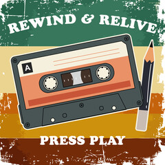 REWIND & RELIVE - PRESS PLAY - Nostalgic retro illustration of a cassette tape