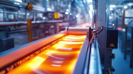 Bright Red Hot Metal Flowing on Conveyor in Industrial Factory Setting