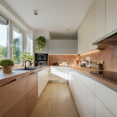 Una cuidada cocina minimalista con ventana que entra luz desde el exterior y un interior acogedor para los amantes de la fotograf&iacute;a.