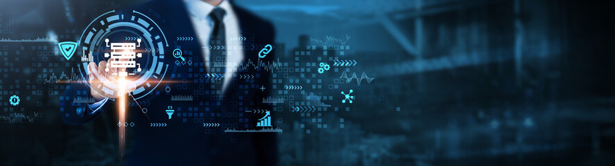 Obraz premium Big Data: Analytics, insights, processing, scalability, machine learning, data visualization, trends, Businessman analyzes big data technological data.