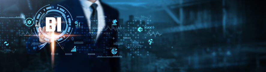 BI (Business Intelligence): Data visualization, analytics tools, data insights, reporting, predictive analysis, decision-making, Businessman analyses business intelligence technological data.