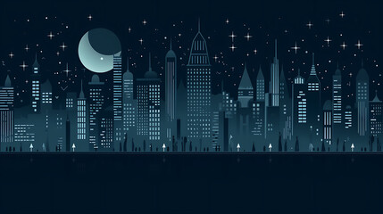 A city skyline with a large moon in the sky