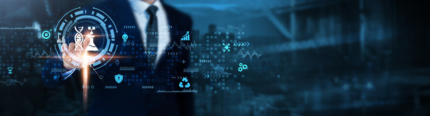 Biotechnology: Innovation, research, healthcare solutions, genetic engineering, medical advancements, laboratory analysis, drug development, Businessman analyses cutting-edge technological data.