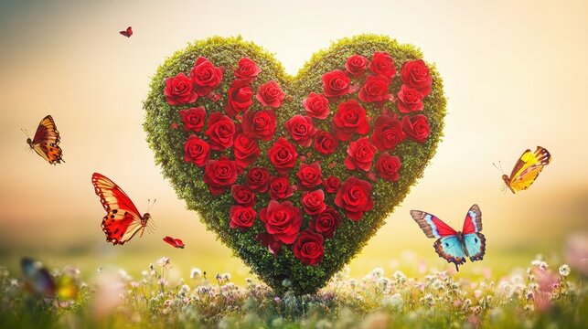 A large heart-shaped topiary placed in the middle of a meadow - Powered by Adobe