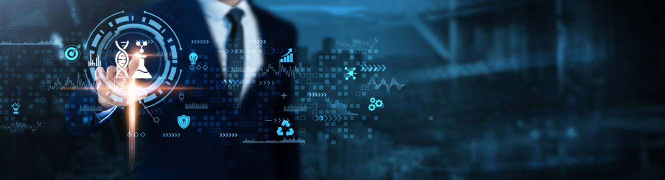 Biotechnology: Innovation, research, healthcare solutions, genetic engineering, medical advancements, laboratory analysis, drug development, Businessman analyses cutting-edge technological data.