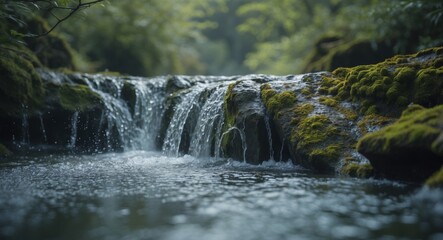 Small waterfall flows over rock creating dynamic cascade and splashes of water.