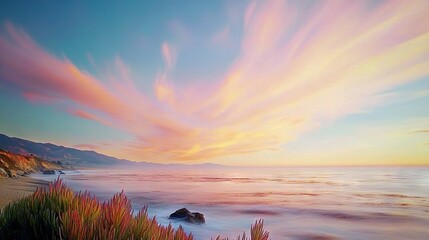   Sunset painting featuring a watery foreground and mountainous background