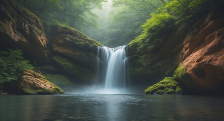 Serene Waterfall Cascading Over Rocks in Tranquil Nature Scene.