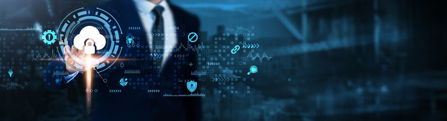 Cloud Security: Encryption, data protection, authentication, firewall, vulnerability management, compliance, access control, Businessman analyzes cloud security technological data.