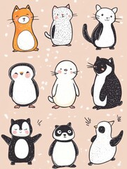Obraz premium Cute animal stickers featuring nine adorable characters perfect for decorating notebooks or crafts. Generative AI