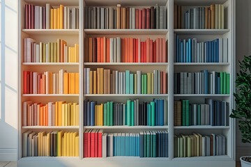 Books arranged by color on white wooden shelves creating rainbow spectrum pattern. Sunlight streaming through window adds warm glow to organized library collection.