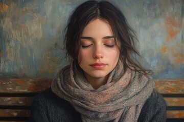 Fototapeta premium Woman relaxing with eyes closed, enjoying calm moment in urban setting, evening time