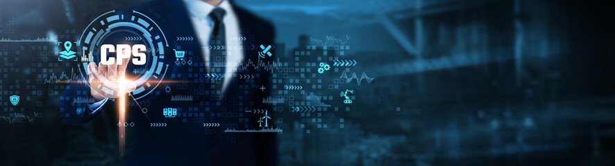 CPS (Cyber-Physical Systems): Automation, sensors, connectivity, integration, real-time monitoring, data processing, IoT, Businessman analyzes CPS technological data.