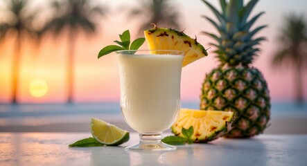Fototapeta premium Refreshing Tropical Pineapple Yogurt Smoothie at Sunset with Lime and Whole Pineapple
