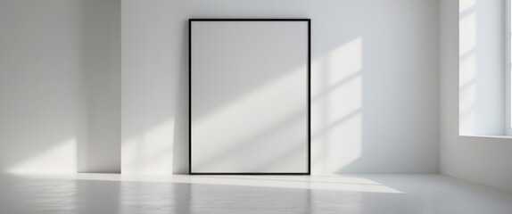 Poster mockup with vertical black frame in white wall interior background.