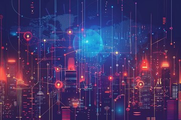 Obraz premium seamless pattern flat illustration style, world map shake with world globe cityscape, abstract vision, and futuristic network links business disruptive partners. connection to 5G 