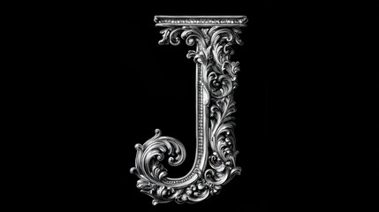 Ornate letter "J" in baroque style with detailed metallic swirls and intricate embellishments on a black background