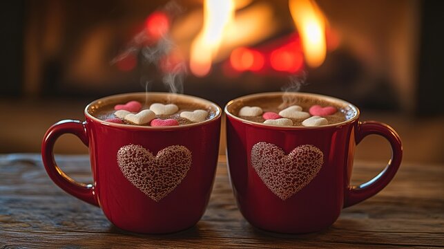 Valentine`s day hot chocolate or coffee latte mug with chocolate drizzle, heart shaped marshmallow and macaron cookie. Sweet treats drink recipe idea, sweet dessert beverage for your Valentine