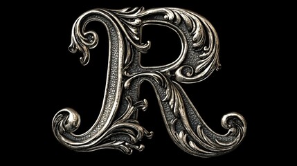  Ornate letter "R" in baroque style with metallic floral swirls and antique engraving details on a black background