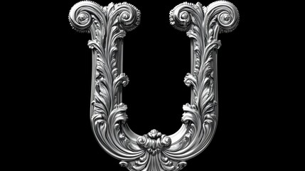 Ornate letter "U" in baroque style with elegant metallic floral engravings on a black background