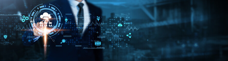 Edge Computing: Real-time processing, decentralized systems, data analysis, network efficiency, low latency, cloud integration, IoT devices, Businessman analyses edge computing technological data.