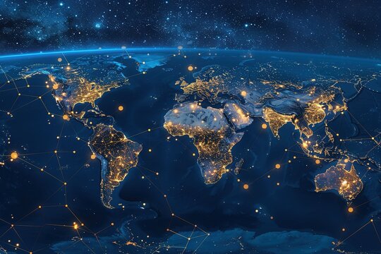 seamless pattern flat illustration style, world map Planet Earth at night seen from space showing North America, South America, Europe, Africa, Asia and the Middle East connected