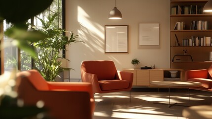 A living room with a red chair and a white picture on the wall. The room is bright and inviting, with a potted plant adding a touch of greenery