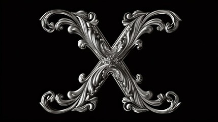 Ornate letter "X" in baroque style with flowing metallic floral patterns and elegant swirls on a black background