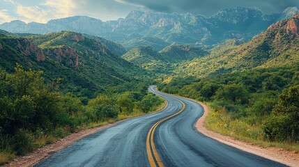 Fototapeta premium Winding road through lush mountains scenic landscape nature inviting environment serene viewpoint