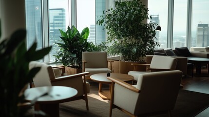 Fototapeta premium A room with a lot of chairs and a table with a potted plant in the middle. The chairs are arranged in a circle around the table
