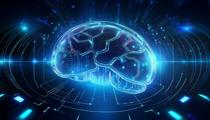 Obraz premium Futuristic artificial intelligence concept, 3D holographic interface, glowing blue neon light
