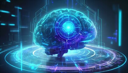 Futuristic artificial intelligence concept, 3D holographic interface, glowing blue neon light