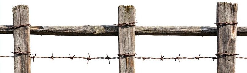 Rustic wooden fence with barbed wire against white