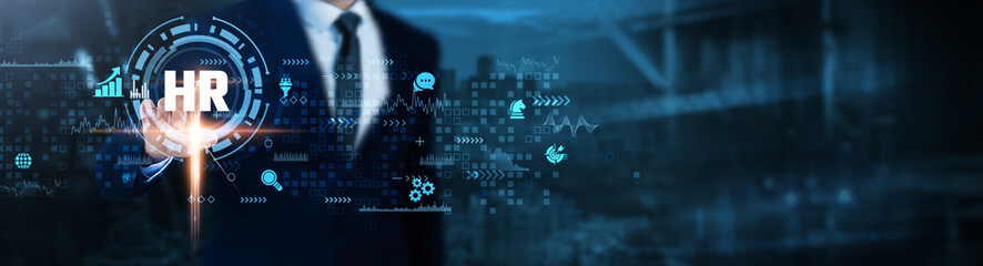 HR (Human Resource): Recruitment, employee engagement, performance management, training, talent acquisition, workforce development, leadership, Businessman analyses HR technological data.