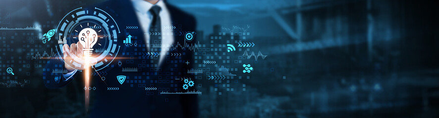 Innovation Technology: Artificial Intelligence, machine learning, data analytics, automation, digital transformation, cloud computing, blockchain, Businessman analyses cutting-edge technological data.