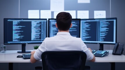 A man is sitting at a desk with three computer monitors in front of him. He is focused on the screens, possibly working on a project or analyzing data. The room is well-lit and organized, with a chair