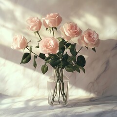 Photo realistic soft pink roses arranged in a glass vase, warm golden light casting delicate shadows on a marble surface