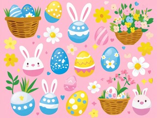Easter background: pattern elements, Easter theme with repeating elements: Easter eggs, bunnies, flowers and baskets. Pattern for Easter decor, gift wrapping.