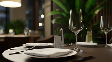 A table with a white plate and a wine glass with a green plant in the background. The table setting is elegant and sophisticated, with a sense of calmness and relaxation