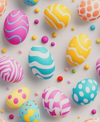 Many bright Easter eggs on a gray background. Eggs of different colors with patterns in the form of waves and circles. Easter decor.