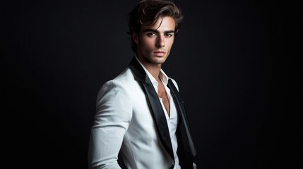 Fototapeta premium Stylish young adult man in formal white tuxedo with black bow tie posed against dark studio backdrop showcasing elegance and charisma