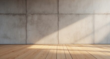 Concrete wall in a room with wooden floor.